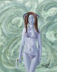 2012 absurd_res anthro bikini bra breasts brown_hair clothed clothing draenei draeni female hair hi_res horn looking_at_viewer navel raptor007 realistic ring skimpy smile swimsuit underwear video_games warcraft white_eyes 