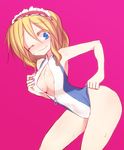  alice_margatroid bare_shoulders bent_over blonde_hair blue_eyes blush breasts cleavage cleavage_cutout front_zipper_swimsuit hairband halterneck hand_on_hip hand_on_own_chest kuresento medium_breasts meme_attire one-piece_swimsuit one_eye_closed pink_background simple_background skin_tight solo sweat swimsuit touhou unzipped wavy_mouth zipper 