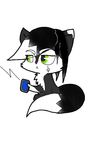  black_fur black_hair canine chibi english_text fox fur gloves_(marking) green_eyes hair mammal markings phone sitting text tuft unamuseed white_fur white_hair 