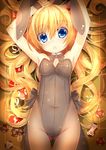  animal_ears arms_up blonde_hair blue_eyes bow bowtie bunny_ears bunnysuit detached_collar highres long_hair lying original pantyhose poker_chip solo tatapopo very_long_hair wrist_cuffs 