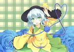  blue_hair east01_06 flower green_eyes hat highres komeiji_koishi long_hair looking_at_viewer rose solo third_eye touhou 