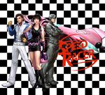  1girl 2boys belt black_shoes bob_cut bodysuit boots brothers brown_eyes brown_hair car checkered checkered_background clenched_hand copyright_name couple crossed_arms fist gloves goggles hand_on_hip helmet hetero jacket mach_go_go_go mifune_gou motor_vehicle multiple_boys shimura_michi shoes short_hair shorts siblings white_shoes 