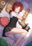  bed bed_sheet brown_eyes brown_hair cup dakimakura_(object) frilled_pillow frills heart heart_pillow highres karen_(kazenokaze) kazenokaze long_hair looking_at_viewer low_ponytail lying open_mouth original panties pantyshot pantyshot_(lying) pillow pillow_hug solo stuffed_toy tea teacup underwear white_panties 