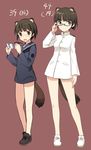  age_progression animal_ears brown_eyes brown_hair glasses military military_uniform multiple_views sakomizu_haruka school_uniform serafuku shimada_fumikane short_hair tail uniform world_witches_series 