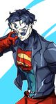  black_hair blue_eyes bodysuit dc_comics jacket kon-el male_focus nimby solo spandex sunglasses superboy young_justice 