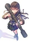  bazooka brown_eyes brown_hair daito from_above green_skirt kantai_collection kneehighs long_hair long_sleeves neckerchief ooi_(kantai_collection) pleated_skirt sailor_collar school_uniform serafuku shadow simple_background skirt solo type_5_45mm_recoilless_rifle weapon white_background 