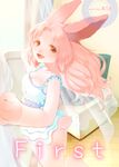  anthro bottomless breasts brown_eyes cleavage clothed clothing comic dress female fur hair half-dressed kiichi lagomorph long_ears long_hair looking_at_viewer mammal manga open_mouth pink_fur pink_hair rabbit smile solo standing text whiskers 