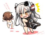  2girls amatsukaze_(kantai_collection) black_panties blush brown_dress brown_hair chibi dress hair_tubes hairband ikazuchi_(kantai_collection) kantai_collection long_hair multiple_girls open_mouth oshiruko_(uminekotei) outstretched_arms panties silver_hair topless translated two_side_up underwear white_panties yellow_eyes 
