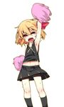  adapted_costume arm_up armpits bare_arms blonde_hair cheerleader fangs hair_ribbon highres midriff miniskirt navel one_eye_closed open_mouth pom_poms red_eyes ribbon rumia shamo_(koumakantv) shirt shorts shorts_under_skirt skirt sleeveless sleeveless_shirt solo sweat touhou 