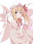  blonde_hair blue_eyes blush bonkiru bow capelet hat hat_bow highres lily_white long_hair long_sleeves open_mouth reaching_out self_shot simple_background skirt skirt_set solo touhou white_background wings 
