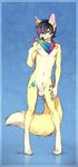  2014 anthro balls bandanna black_hair blue_hair canine dagger_leonelli digitigrade fox front_view fully_sheathed fur girly hair hand_on_chest looking_at_viewer male mammal naughty_face navel nude sheath smile solo standing tattoo two_tone_hair white_belly white_fur yellow_fur 