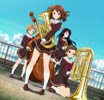  black_hair bow_(instrument) brown_hair cloud day double_bass euphonium hibike!_euphonium highres instrument katou_hazuki kawashima_sapphire kousaka_reina long_hair multiple_girls neckerchief official_art oumae_kumiko red_neckwear rooftop school_uniform serafuku short_hair sky thighhighs trumpet tuba wavy_hair zettai_ryouiki 