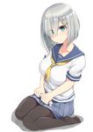  :&lt; aqua_eyes black_legwear blue_skirt breasts ckros-15 eyes_visible_through_hair gloves gloves_removed hair_ornament hair_over_one_eye hairclip hamakaze_(kantai_collection) kantai_collection large_breasts neckerchief no_shoes pantyhose pleated_skirt sailor_collar school_uniform seiza serafuku short_hair short_sleeves silver_hair simple_background sitting skirt solo white_background white_gloves yellow_neckwear 