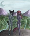  2012 absurd_res animal_ears anthro black_hair blue_skin breasts demon duo feline female gem hair hi_res horn mammal mountain navel nipples nude pubes purple_skin pussy raptor007 red_eyes red_hair rena river rock sinthela sky smile tree water yellow_eyes 