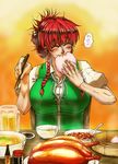  ^_^ alcohol bamboo_steamer baozi beer bird blouse blush braid breasts chicken_(food) chopsticks closed_eyes eating food fried_rice hair_bun hair_ornament hong_meiling koyubi_(littlefinger1988) large_breasts long_hair noodles patch ramen red_hair ribbon solo soy_sauce spoon tofu touhou twin_braids unbuttoned vest 