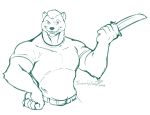  anthro belt clothed clothing facial_hair goatee knife looking_at_viewer male mammal monochrome mustelid otter siriusdog sketch smile solo standing 