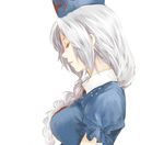  braid closed_eyes dress hair_over_shoulder hat lips long_hair nurse_cap parted_lips profile puffy_sleeves short_sleeves silver_hair simple_background single_braid solo touhou touya_(tottoo-to) upper_body white_background yagokoro_eirin 