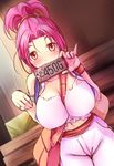  :3 bare_shoulders between_breasts blush breasts dragon_quest dragon_quest_iii high_ponytail huge_breasts jewelry katori_(mocchidou) looking_at_viewer merchant_(dq3) navel pink_eyes pink_hair pinky_out prostitution ring solo 