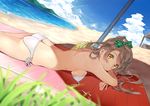  ass back beach bikini blush bow breasts brown_hair cloud day hair_bow long_hair looking_at_viewer love_live! love_live!_school_idol_project lying medium_breasts minami_kotori on_stomach outdoors sand shade shitou_(1992116210) sideboob sky smile solo swimsuit untied untied_bikini water yellow_eyes 