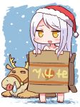  1girl :d animal bangs bare_shoulders barefoot blush box cardboard_box collarbone eve_santaclaus fur-trimmed_hat fur_trim hat holding holding_box idolmaster idolmaster_cinderella_girls long_hair looking_at_viewer mikan_box naga_u nose_bubble nude open_mouth orange_eyes red_hat reindeer santa_hat silver_hair smile snowing solo standing swept_bangs tongue tongue_out 