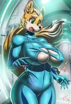  2015 anthro big_breasts black_nose breasts canine cleavage clothed clothing crossgender fabianoferreira female fox fox_mccloud green_eyes mammal nintendo open_mouth shocked signature star_fox teeth thick_thighs video_games zero_suit zero_suit_fox 