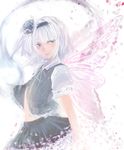  bad_id bad_pixiv_id black_hairband butterfly_wings collared_shirt cowboy_shot disintegration frilled_skirt frills from_side hairband highres kasazaki_ten konpaku_youmu konpaku_youmu_(ghost) light_smile lips looking_to_the_side nose open_clothes open_vest ribbon ribbon-trimmed_sleeves ribbon_trim shirt short_hair short_sleeves signature silver_eyes silver_hair skirt solo touhou triangle vest white_background wings 
