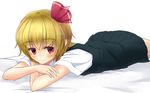  blonde_hair blush bow hair_bow hair_ornament lying on_bed on_stomach pokio red_eyes rumia shirt short_hair short_sleeves simple_background skirt skirt_set smile solo touhou vest white_background 