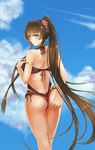  ass ass_grab brown_eyes brown_hair casual_one-piece_swimsuit eyebrows_visible_through_hair grabbing_own_ass hand_on_ass highres kantai_collection kantai_collection_(anime) lace_trim layered_clothing long_hair one-piece_swimsuit ponytail solo swimsuit very_long_hair yamato_(kantai_collection) yuemanhuaikong 