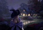  blonde_hair bow building canzhajiang commentary_request flower from_behind hat highres house kirisame_marisa night outdoors parody puffy_short_sleeves puffy_sleeves scenery short_sleeves smoke solo stream style_parody thomas_kinkade_(style) touhou tree water_wheel witch_hat 