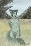  2012 animal_ears anthro blue_hair breasts feline female fur glowers grass green_fur green_skin grey_fur grey_skin hair hi_res kara mammal navel nipples nude painting_(artwork) pussy raptor007 rock sky smile teeth traditional_media_(artwork) yellow_eyes 