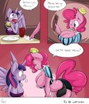  2015 anthro anthrofied big_breasts blue_eyes blush breasts burger cleavage clothed clothing dialogue duo earth_pony english_text equine female food friendship_is_magic hair half-closed_eyes holding horn horse long_hair mammal my_little_pony open_mouth pinkie_pie_(mlp) pony purple_eyes sanders straw text twilight_sparkle_(mlp) winged_unicorn wings 