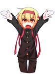  adapted_costume blonde_hair cropped_legs hair_ribbon looking_at_viewer open_mouth ouendan outstretched_arms pants red_eyes ribbon rumia school_uniform shamo_(koumakantv) shirt simple_background solo touhou white_background 