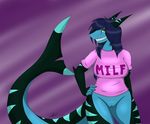  2015 abstract_background absurd_res blue_eyes blue_hair bottomless chubby clothed clothing female fish hair half-dressed half_naked hi_res jeffthehusky long_hair long_tail marine milf mother nadja_kai parent pussy shark shirt smile solo standing stripes tiger_shark voluptuous 
