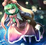  bow forest front_ponytail green_eyes green_hair hair_bow highres indo_(mdtanaka2007) kagiyama_hina long_hair looking_at_viewer nature pond puffy_short_sleeves puffy_sleeves ribbon shirt short_sleeves skirt solo touhou wrist_ribbon 