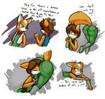  bandanna big_butt blue_eyes brown_hair butt canine clothing comic cute fluffy_tail fox fox_mccloud fur green_eyes hair humor jacket male male/male mammal mischievous mischievous_smile nintendo norithics orange_fur pants rik_mccloud shirt smile star_fox stuck video_games 