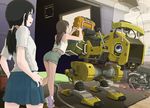  black_hair brown_hair jpeg_artifacts long_hair mecha multiple_girls original school_uniform science_fiction shoes shorts skirt sneakers sukabu twintails 