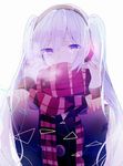  adjusting_scarf bad_id bad_pixiv_id breath buttons coat hatsune_miku long_hair looking_at_viewer nz_(smile_yuting) scarf scarf_over_mouth solo striped striped_scarf tears twintails vocaloid white_background 