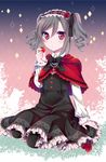  capelet dress drill_hair food frilled_dress frills fruit highres idolmaster idolmaster_cinderella_girls kanzaki_ranko long_hair pantyhose red_eyes shino_(mijinko) silver_hair solo strawberry twin_drills twintails 