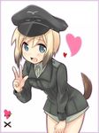  :d blonde_hair blue_eyes bob_cut brown_hair dachshund dog_tail erica_hartmann gradient_hair hat heart kinosaki_(green_patio) military military_uniform multicolored_hair open_mouth peaked_cap short_hair smile solo strike_witches tail uniform v world_witches_series 