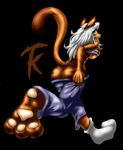  2015 anthro black_background black_fur breasts butt clothed clothing feline female fur hair mammal orange_fur pants pants_down pawpads paws plain_background raised_tail shirt side_boob socks stripes tailzkim tiger white_hair yellow_eyes 