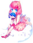  berries blue_eyes bow copyright_request cosmos_(the_crying_moon) dress highres pink_hair shoes short_hair single_shoe sitting solo 