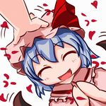  bad_id bad_pixiv_id blue_hair closed_eyes fang happy hat madhand out_of_frame petting remilia_scarlet short_hair solo_focus touhou 