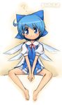  :3 ? barefoot blue_eyes blue_hair bow cirno feet kanno short_hair sketch smile solo touhou wings 