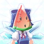  blush_stickers bow cirno food fruit na!_(na'mr) popsicle solo touhou watermelon watermelon_bar wings 