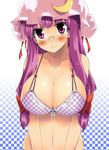  bespectacled bikini blush breasts checkered checkered_bikini cleavage glasses hat huge_breasts long_hair patchouli_knowledge purple_eyes purple_hair smile solo swimsuit teruteru-deru touhou upper_body 