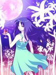  alcohol blue_hair cupping_glass dress furude_rika glass higurashi_no_naku_koro_ni kabikuro long_hair moon purple_eyes solo wine 