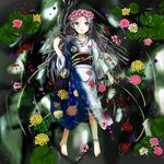  afloat anklet bad_id bad_pixiv_id barefoot black_hair blue_eyes chrysanthemum fish flower goldfish hands head_wreath highres japanese_clothes jewelry lily_(flower) lily_pad lotus moyacy original ripples water 