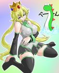  arm_support between_breasts black_legwear blonde_hair breast_hold breasts cosplay covered_nipples crown detached_sleeves fingernails green_eyes green_nails hatsune_miku hatsune_miku_(cosplay) kara_age large_breasts long_hair mario_(series) nail_polish naughty_face necktie princess_peach sitting skirt smirk solo super_mario_bros. thighhighs twintails very_long_hair vocaloid wariza yoshi zettai_ryouiki 