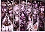  bow column_lineup detached_sleeves eyes flandre_scarlet fujiwara_no_mokou gohei hair_ribbon hakurei_reimu hat highres komeiji_koishi long_hair monochrome moriya_suwako multiple_girls nobita purple ribbon rod_of_remorse saigyouji_yuyuko shiki_eiki short_hair suspenders touhou wings yakumo_yukari 