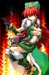  bad_id bad_pixiv_id blue_eyes braid breasts china_dress chinese_clothes cleavage dress fighting_stance hat highres hong_meiling large_breasts long_hair power_armor red_hair solo touhou twin_braids wazuka_na_shiawase 